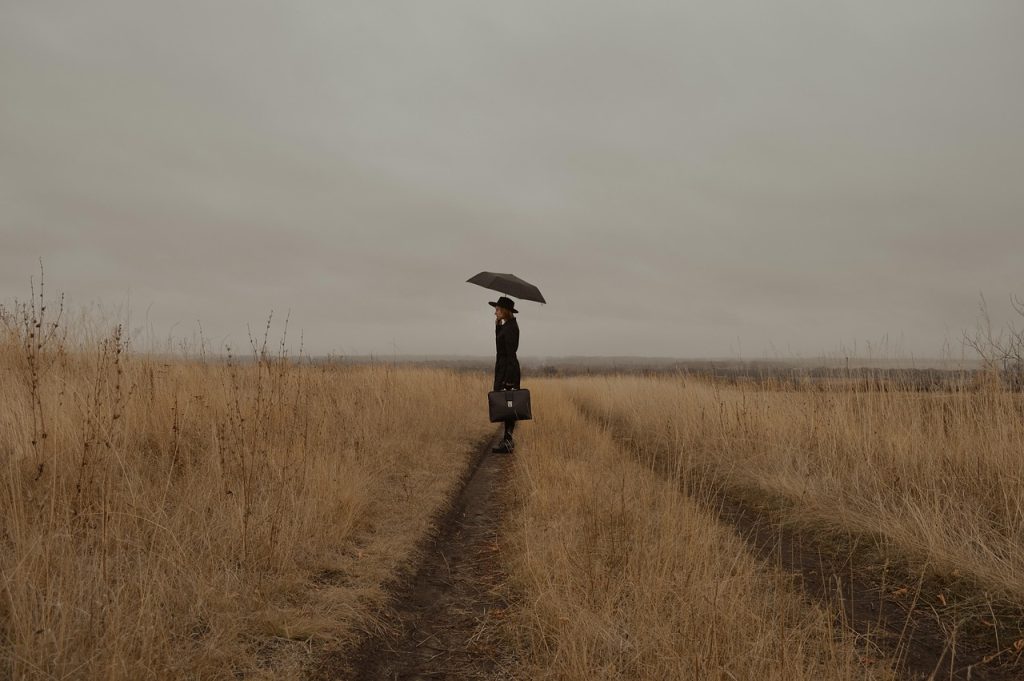 woman, mysterious, field, road, meadow, traveler, umbrella, girl, journey, sad girl, lonely, sad, melancholy, sadness, depression, despair, to drag, frowning, countryside, outdoors, autumn, partly cloudy, gloomily
